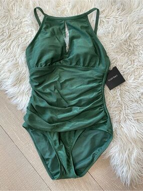 Ellen Tracy High Neck Ruched One-Piece Sage Swimsuit - NWT